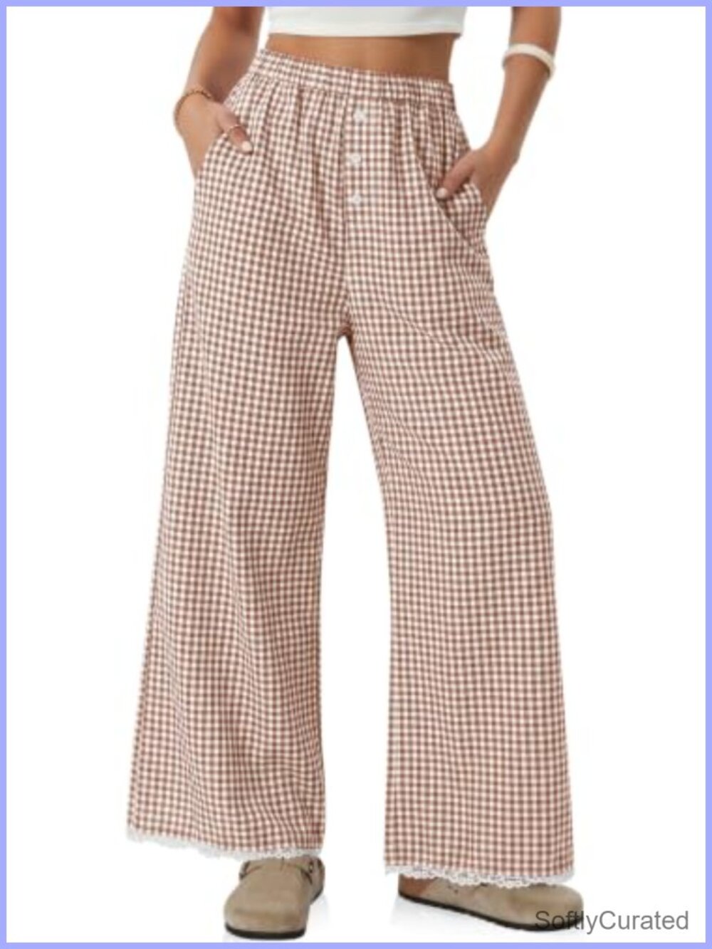 Women Gingham Wide Leg Palazzo Pants Elastic Waist Lace Trim Trousers